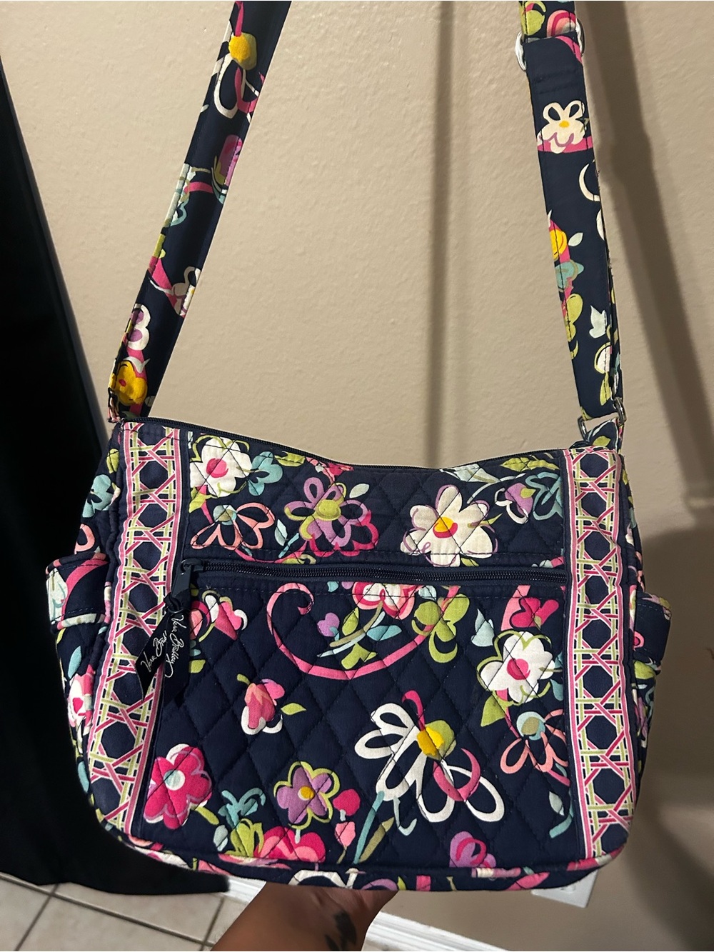 Vera Bradley Navy Floral Quilted Crossbody with Pink Accents